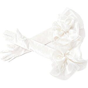 Women's White-3 Velvet Satin Mesh Ruffled Puff Long Gloves Banquet Party Tea